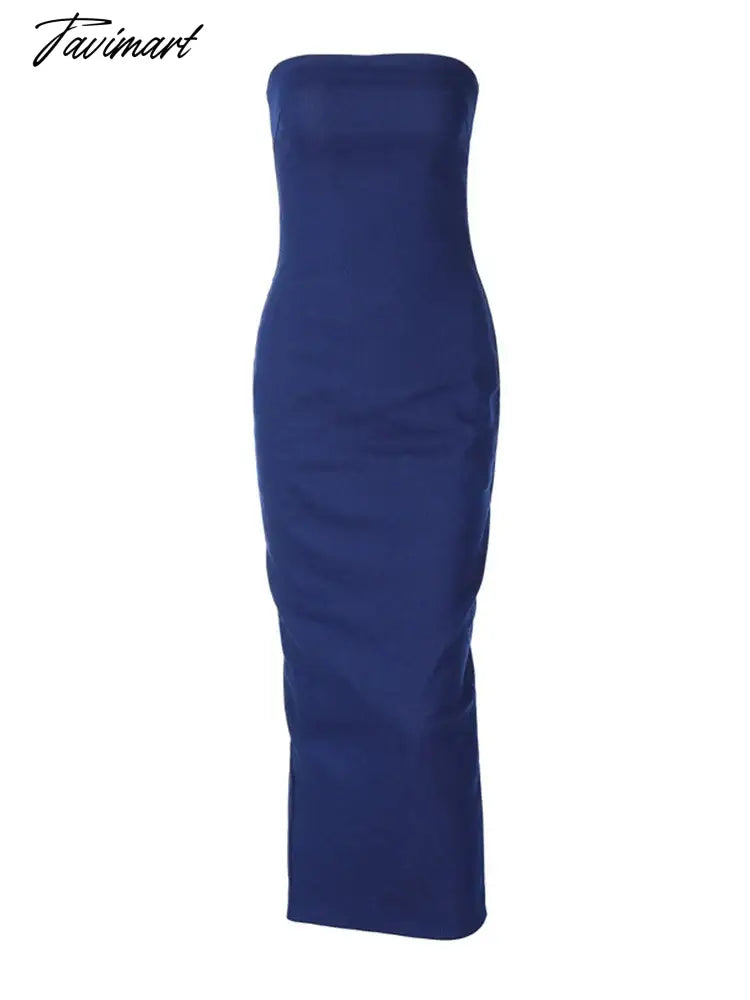 Women's denim long dress women's fashion sexy slit tube top long dress women's high street elegant party blue casual tight dress