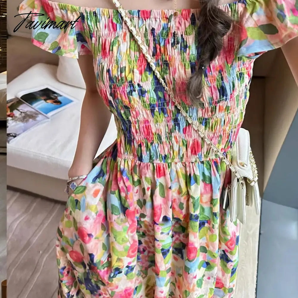 Women's Dress Summer Boat Neck off-the-Shoulder A- line Dress Oil Painting Printing French Gentle High Waist Dress