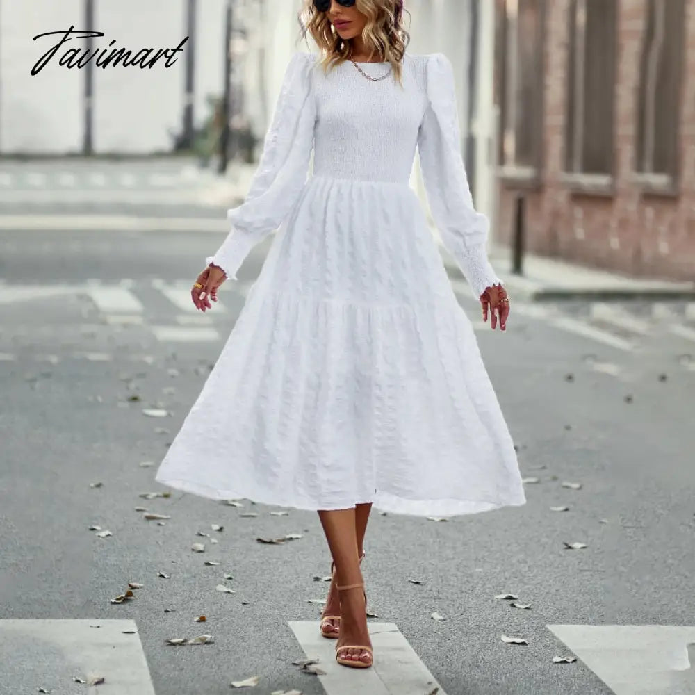 Women's Fashion Dresses for Autumn Elegant Dress Female O-Neck Solid Folds Elastic High Waist Full Puff Sleeve A-line Midi Dress