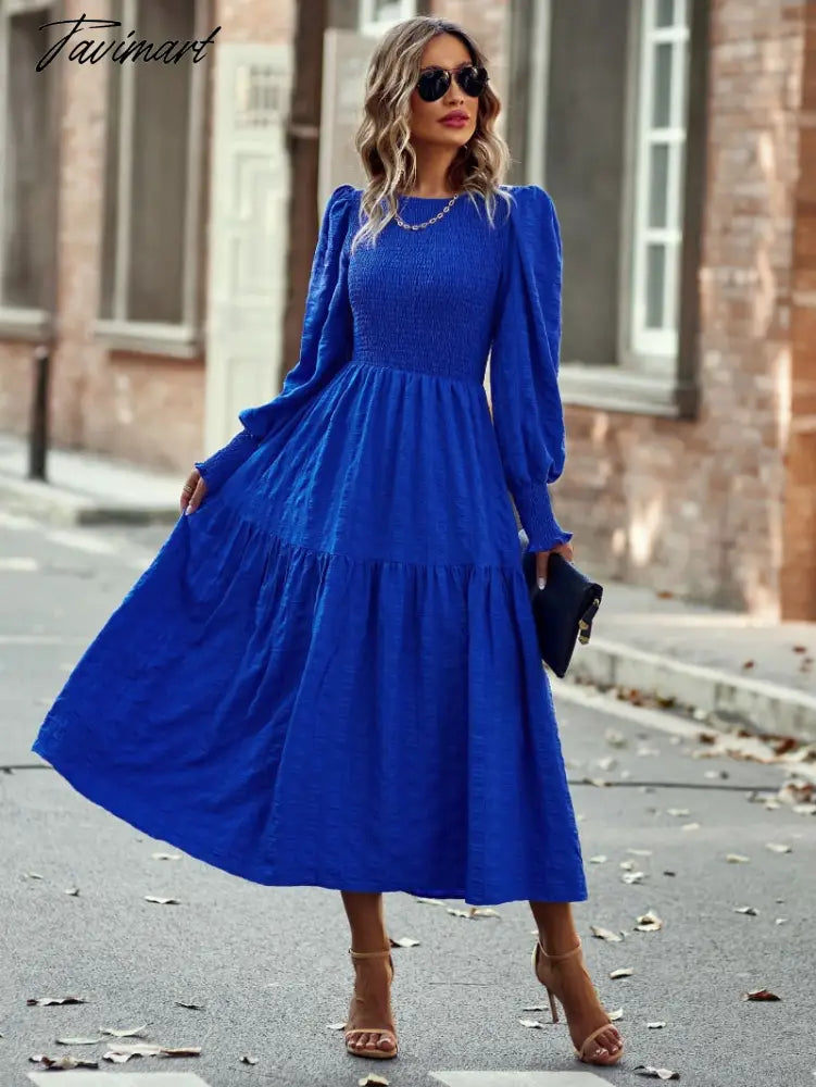 Women's Fashion Dresses for Autumn Elegant Dress Female O-Neck Solid Folds Elastic High Waist Full Puff Sleeve A-line Midi Dress