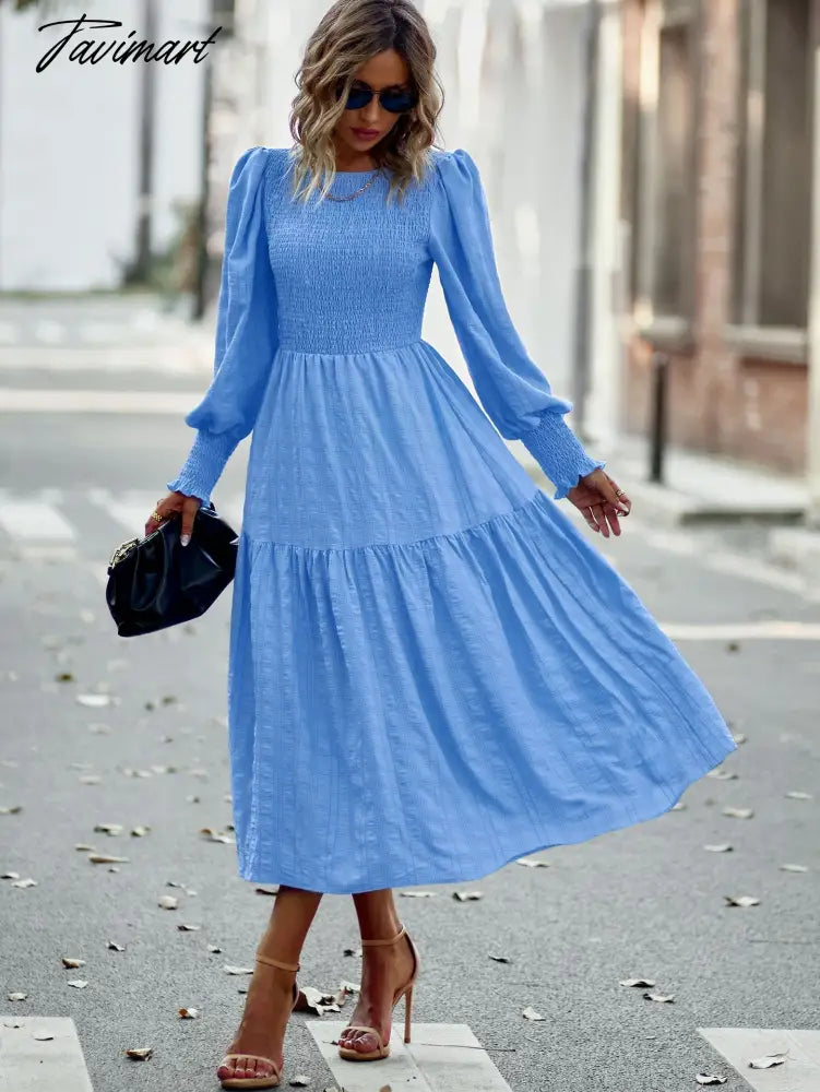 Women's Fashion Dresses for Autumn Elegant Dress Female O-Neck Solid Folds Elastic High Waist Full Puff Sleeve A-line Midi Dress