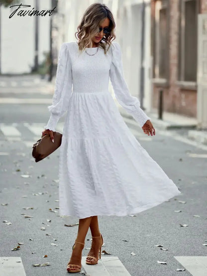 Women's Fashion Dresses for Autumn Elegant Dress Female O-Neck Solid Folds Elastic High Waist Full Puff Sleeve A-line Midi Dress