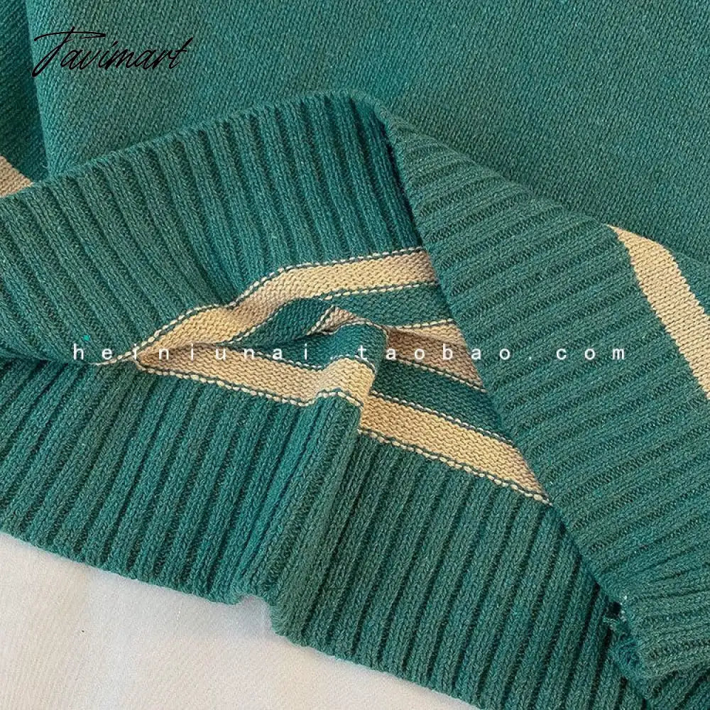 Women's Green Vintage Knitting Sweater v Neck Letter Embroidery Long Sleeve Casual Korean Fashion Baggy Tops Ladies Autumn