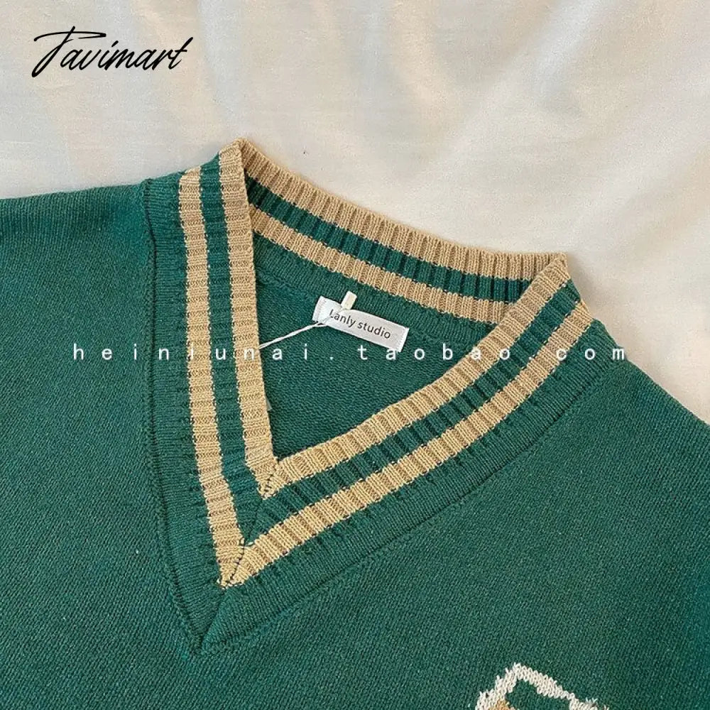 Women's Green Vintage Knitting Sweater v Neck Letter Embroidery Long Sleeve Casual Korean Fashion Baggy Tops Ladies Autumn