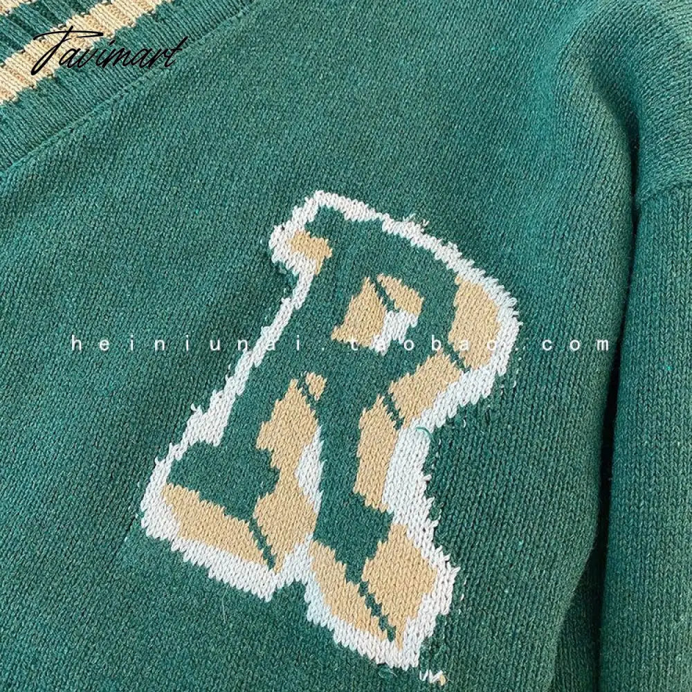 Women's Green Vintage Knitting Sweater v Neck Letter Embroidery Long Sleeve Casual Korean Fashion Baggy Tops Ladies Autumn