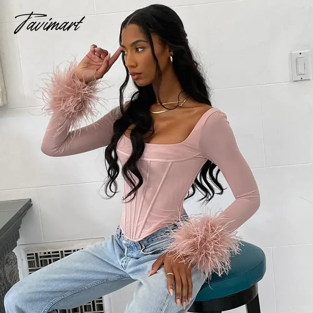 Women's New Summer Fashion Square Neck Long Sleeve Plush Mesh Perspective T-shirt Top