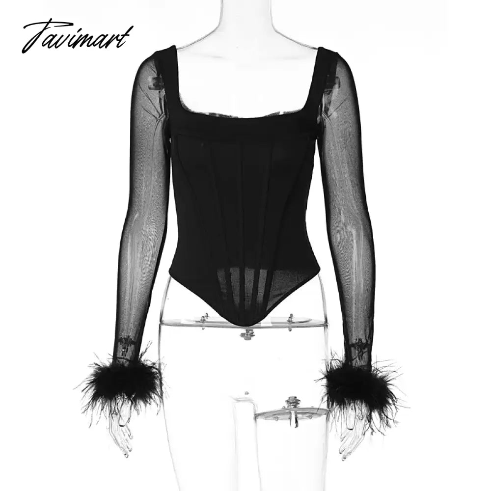 Women's New Summer Fashion Square Neck Long Sleeve Plush Mesh Perspective T-shirt Top
