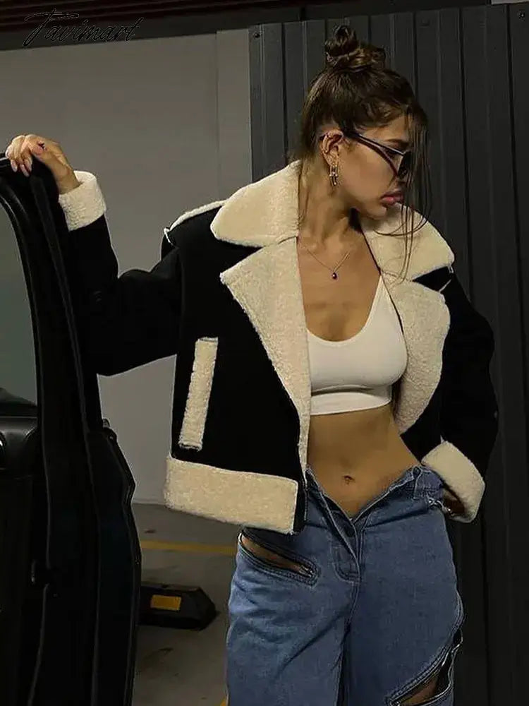 Women's Patchwork Faux Wool Lamb Jackets Zipper Pockets Short Fleece Cotton Coat Female Thicken Warm Casual Plush Outwear
