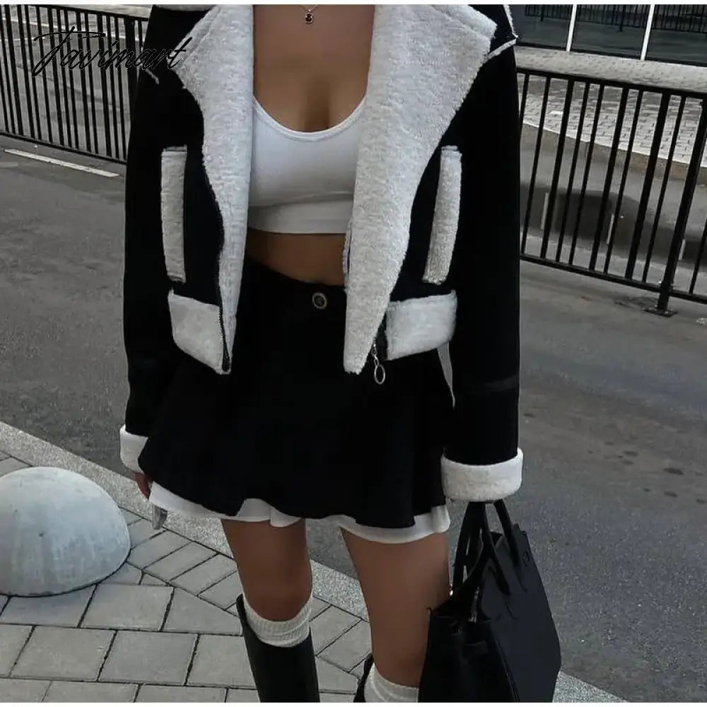 Women's Patchwork Faux Wool Lamb Jackets Zipper Pockets Short Fleece Cotton Coat Female Thicken Warm Casual Plush Outwear