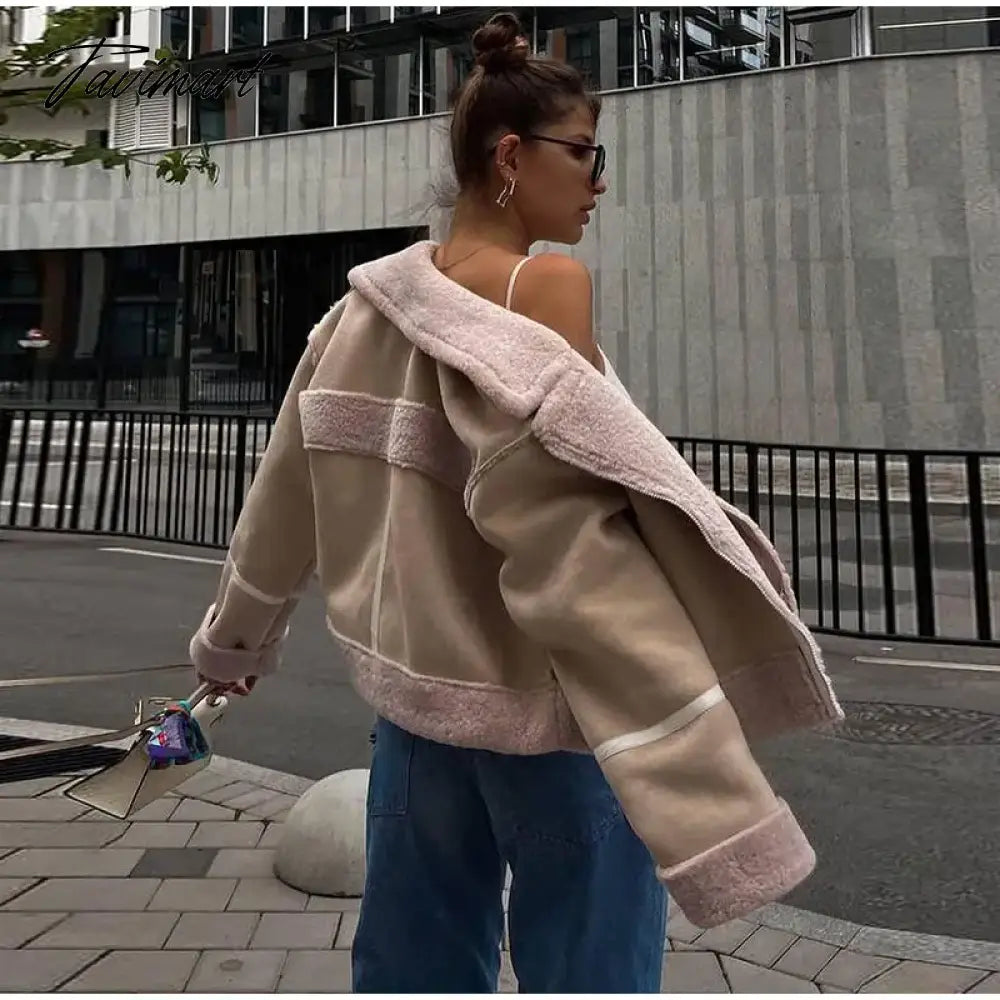Women's Patchwork Faux Wool Lamb Jackets Zipper Pockets Short Fleece Cotton Coat Female Thicken Warm Casual Plush Outwear