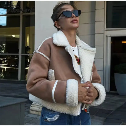 Women's Patchwork Faux Wool Lamb Jackets Zipper Pockets Short Fleece Cotton Coat Female Thicken Warm Casual Plush Outwear