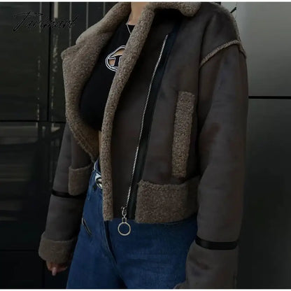 Women's Patchwork Faux Wool Lamb Jackets Zipper Pockets Short Fleece Cotton Coat Female Thicken Warm Casual Plush Outwear