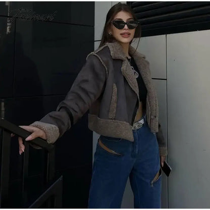 Women's Patchwork Faux Wool Lamb Jackets Zipper Pockets Short Fleece Cotton Coat Female Thicken Warm Casual Plush Outwear