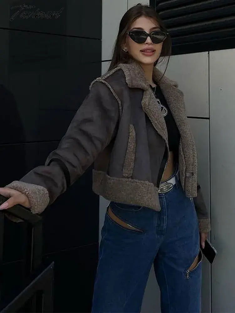 Women's Patchwork Faux Wool Lamb Jackets Zipper Pockets Short Fleece Cotton Coat Female Thicken Warm Casual Plush Outwear