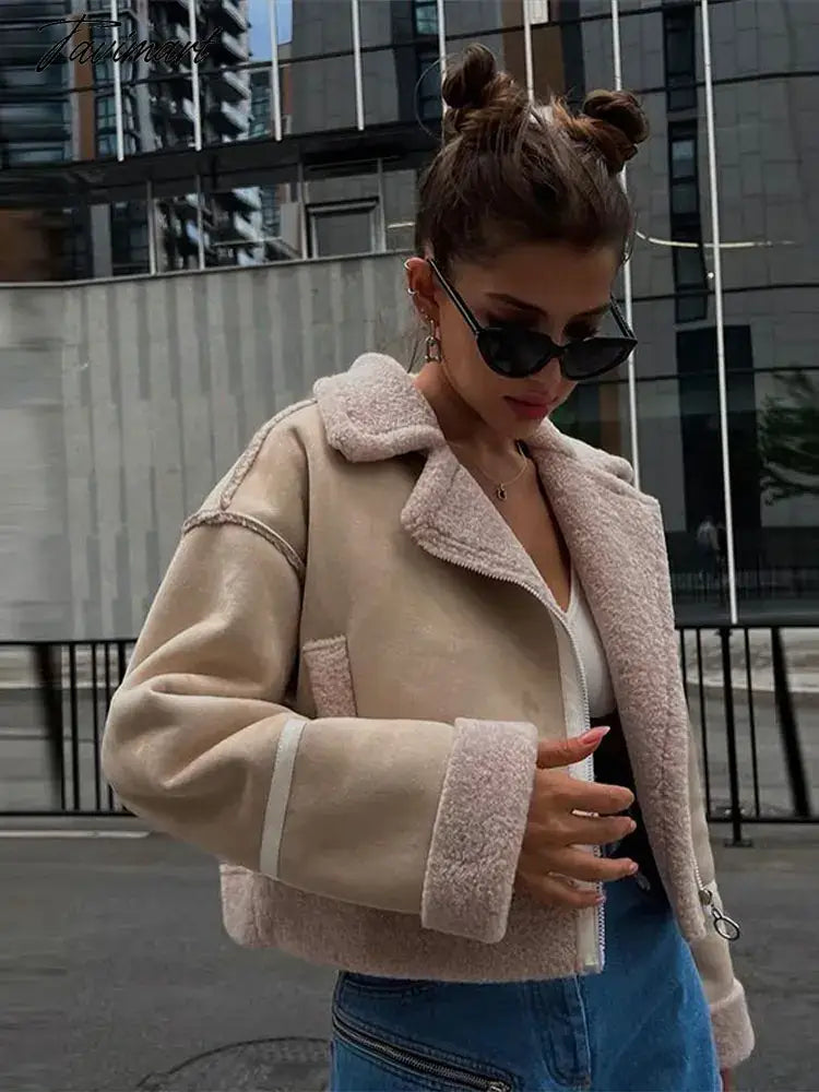 Women's Patchwork Faux Wool Lamb Jackets Zipper Pockets Short Fleece Cotton Coat Female Thicken Warm Casual Plush Outwear