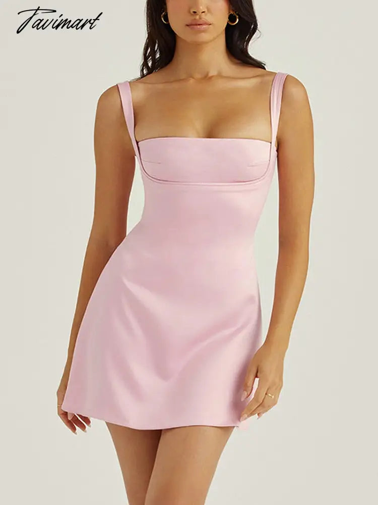 Women's Pink A-Line Mini Dress Sexy Halter Summer Stretch Satin Elegant Birthday Party Dress Square Neck Women's Princess Dress