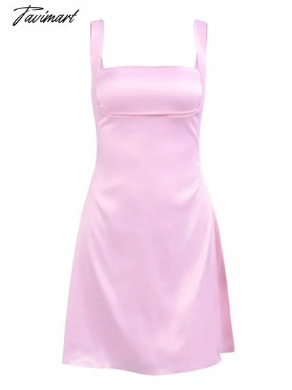 Women's Pink A-Line Mini Dress Sexy Halter Summer Stretch Satin Elegant Birthday Party Dress Square Neck Women's Princess Dress
