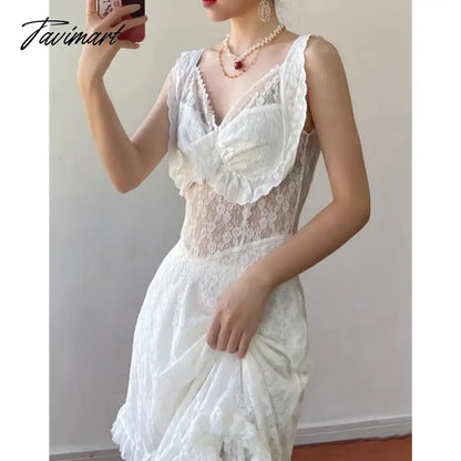 Women's Sexy Lace Spaghetti Strap Dress Europe and America Simple Hollow Out Design Sense Female Summer White Irregular Dress