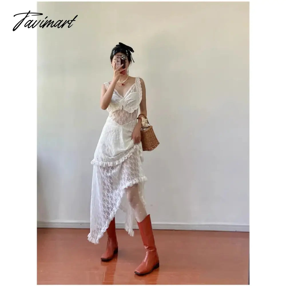 Women's Sexy Lace Spaghetti Strap Dress Europe and America Simple Hollow Out Design Sense Female Summer White Irregular Dress