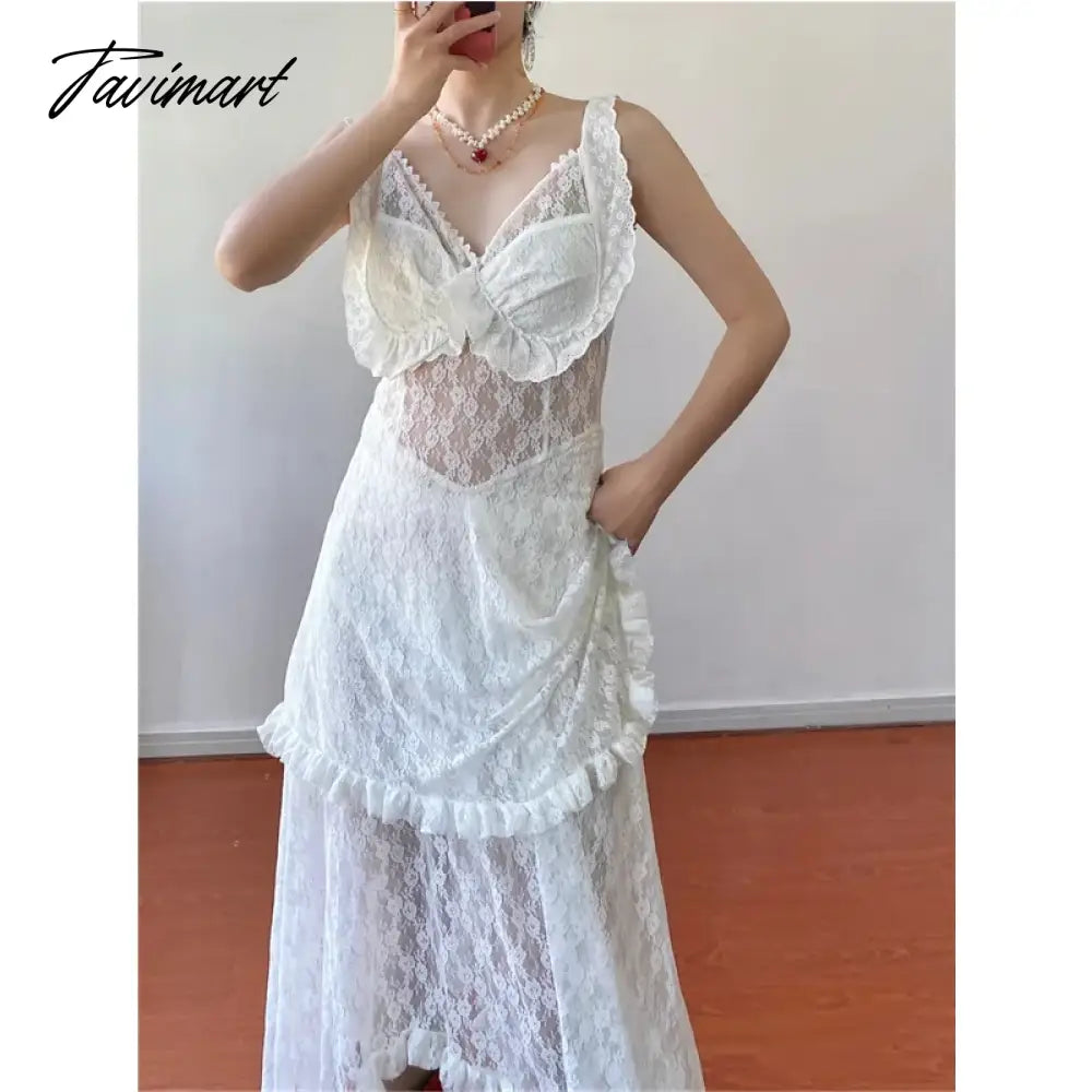 Women's Sexy Lace Spaghetti Strap Dress Europe and America Simple Hollow Out Design Sense Female Summer White Irregular Dress