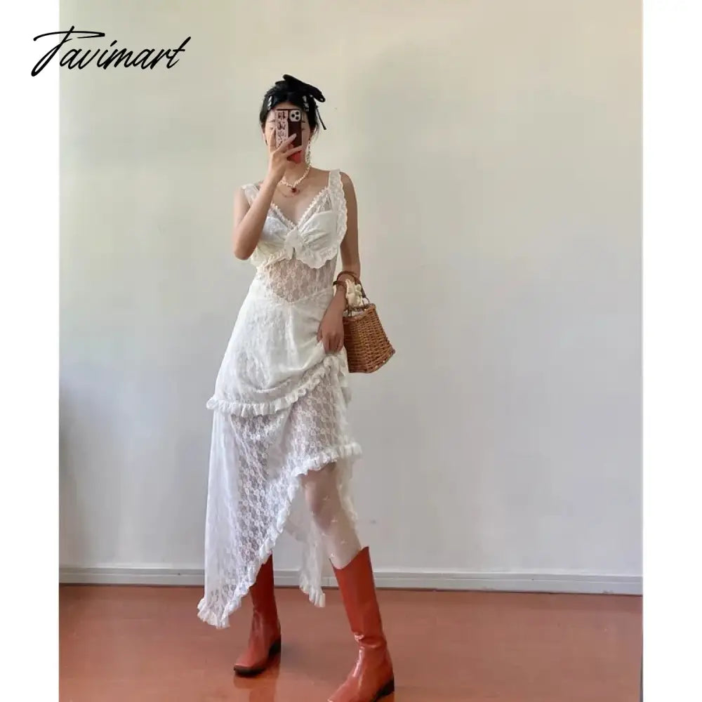 Women's Sexy Lace Spaghetti Strap Dress Europe and America Simple Hollow Out Design Sense Female Summer White Irregular Dress