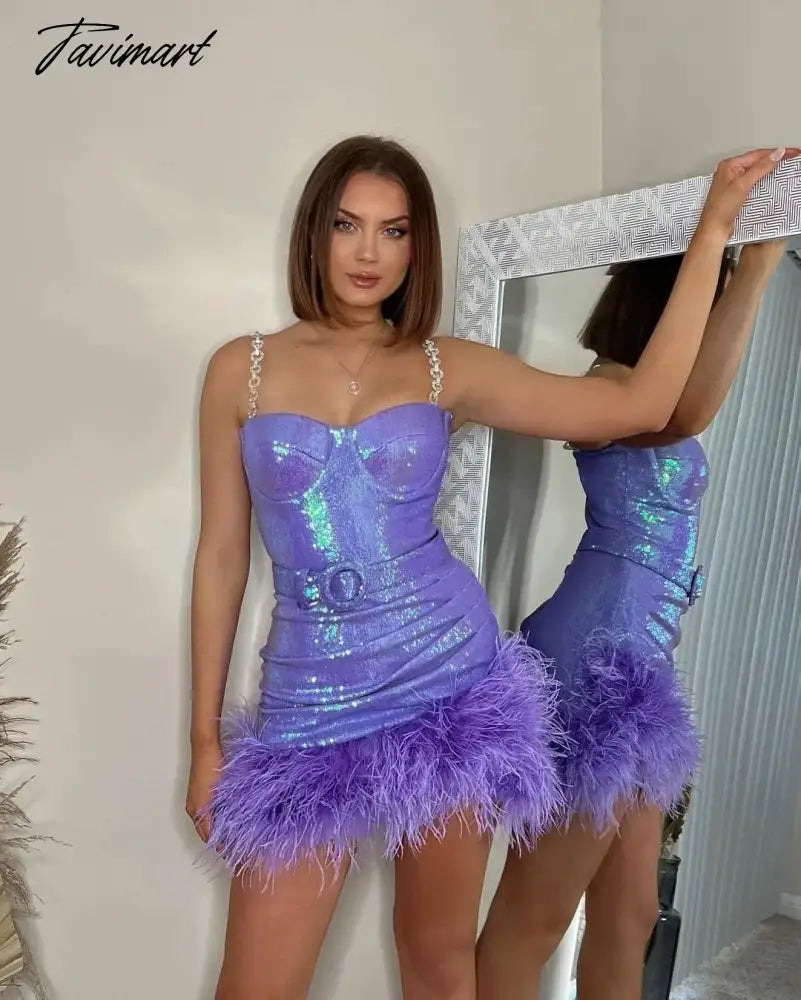 Women's Sexy Sequins Feather Mini Dress, Backless, Spaghetti Strap, Stitching Dresses, Elegant, Evening Party, Club, Female