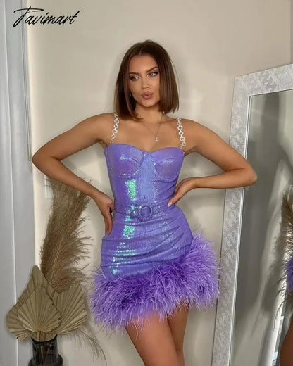 Women's Sexy Sequins Feather Mini Dress, Backless, Spaghetti Strap, Stitching Dresses, Elegant, Evening Party, Club, Female