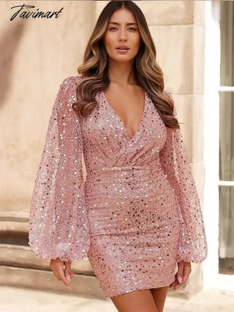 Women's Sexy Sequins Glitter Mini Dress, Elegant Bodycon, Puff Sleeves, Slim Dresses, Birthday Party, Club, Female, Autumn, Wint
