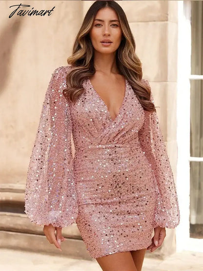 Women's Sexy Sequins Glitter Mini Dress, Elegant Bodycon, Puff Sleeves, Slim Dresses, Birthday Party, Club, Female, Autumn, Wint