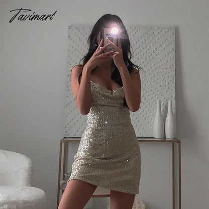 Women's Silver Sequined Backless Mini Dress, Deep V Neck, Off Shoulder, Sexy Strap Dresses, Christmas Party Club, Autumn