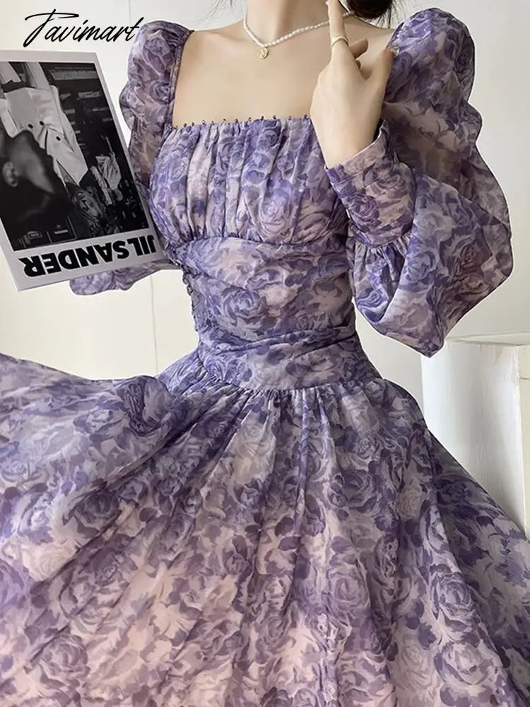 Women's Square Neck Bubble Long Sleeve Floral Dress Violet Dress Elegant A-Line Puff Princess Dress Party Dress waist mini dress