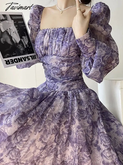 Women's Square Neck Bubble Long Sleeve Floral Dress Violet Dress Elegant A-Line Puff Princess Dress Party Dress waist mini dress