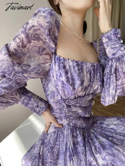 Women's Square Neck Bubble Long Sleeve Floral Dress Violet Dress Elegant A-Line Puff Princess Dress Party Dress waist mini dress