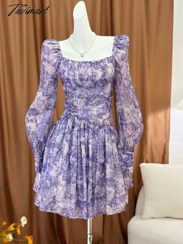 Women's Square Neck Bubble Long Sleeve Floral Dress Violet Dress Elegant A-Line Puff Princess Dress Party Dress waist mini dress