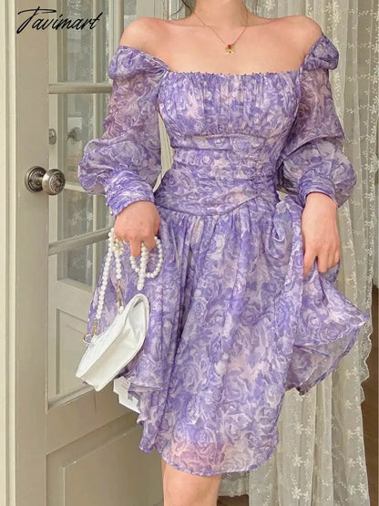 Women's Square Neck Bubble Long Sleeve Floral Dress Violet Dress Elegant A-Line Puff Princess Dress Party Dress waist mini dress