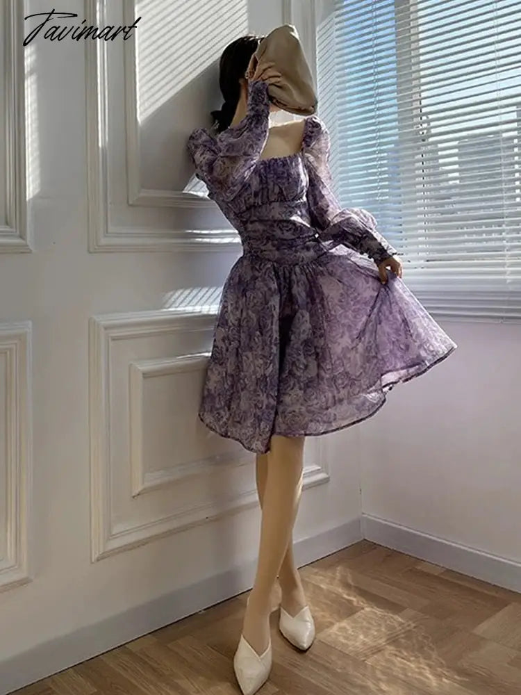 Women's Square Neck Bubble Long Sleeve Floral Dress Violet Dress Elegant A-Line Puff Princess Dress Party Dress waist mini dress