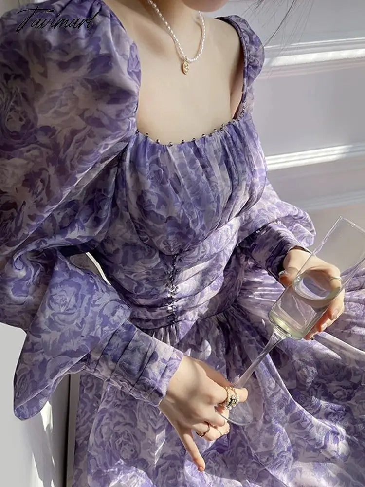 Women's Square Neck Bubble Long Sleeve Floral Dress Violet Dress Elegant A-Line Puff Princess Dress Party Dress waist mini dress