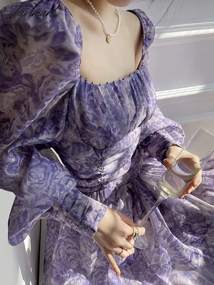 Women's Square Neck Bubble Long Sleeve Floral Dress Violet Dress Elegant A-Line Puff Princess Dress Party Dress waist mini dress