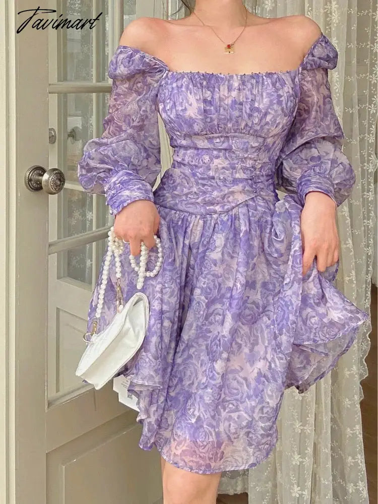 Women's Square Neck Bubble Long Sleeve Floral Dress Violet Dress Elegant A-Line Puff Princess Dress Party Dress waist mini dress