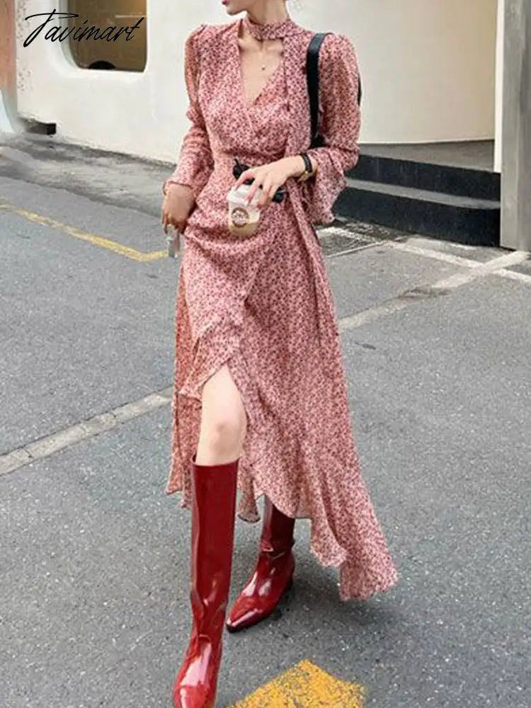 Women's Summer Beach Maxi Dresses Women's Floral Boho Long Chiffon Dress Ruffle Wrap Casual V Neck Slit Sexy Party Dress Robe