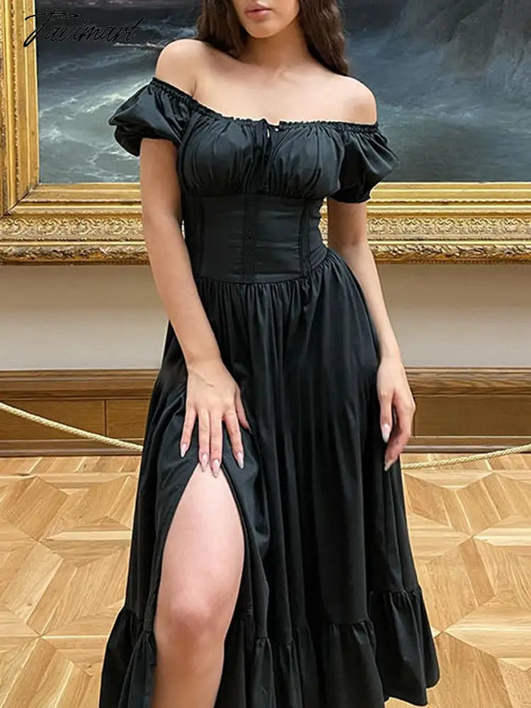 Women's Summer Bubble Short-sleeved Long Dress French Court Style Dress Women's Medieval Elegant Retro A-line Sexy Slit Dresses