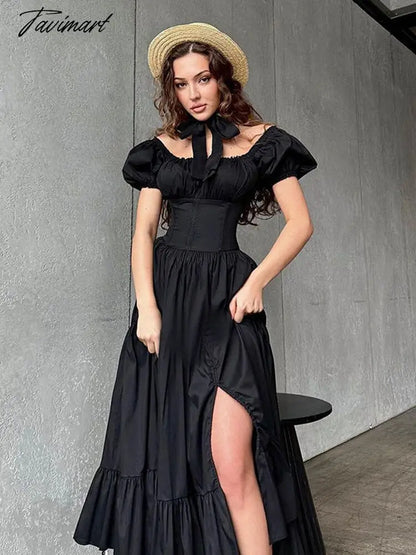 Women's Summer Bubble Short-sleeved Long Dress French Court Style Dress Women's Medieval Elegant Retro A-line Sexy Slit Dresses