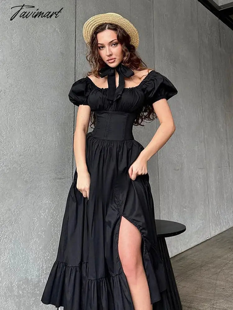 Women's Summer Bubble Short-sleeved Long Dress French Court Style Dress Women's Medieval Elegant Retro A-line Sexy Slit Dresses