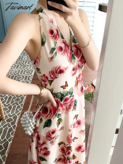 Women's Summer Casual Halter Midi White Dress Sleeveless A-Line Rose Elegant Party Vestidos Female Fashion Outerwear Clothes