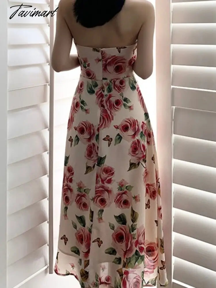 Women's Summer Casual Halter Midi White Dress Sleeveless A-Line Rose Elegant Party Vestidos Female Fashion Outerwear Clothes