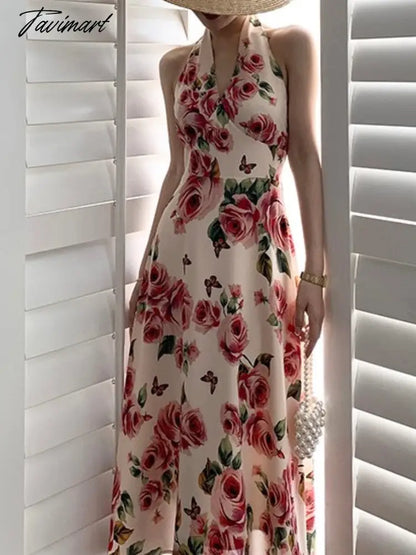 Women's Summer Casual Halter Midi White Dress Sleeveless A-Line Rose Elegant Party Vestidos Female Fashion Outerwear Clothes