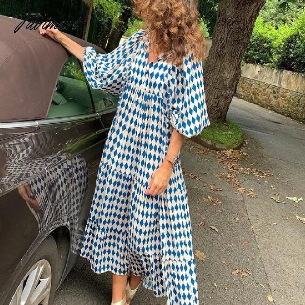 Women's Summer Casual Maxi Dress Bohemian Floral V Neck Puff Short Sleeve Beach Tiered Sundress Long Swing Dress