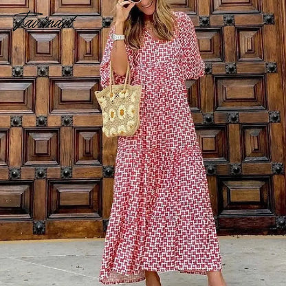 Women's Summer Casual Maxi Dress Bohemian Floral V Neck Puff Short Sleeve Beach Tiered Sundress Long Swing Dress
