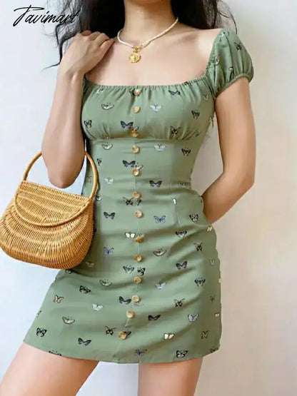 Women's summer floral print holiday women's off-shoulder mini dresses print waist Tight dress single-breasted dress party night