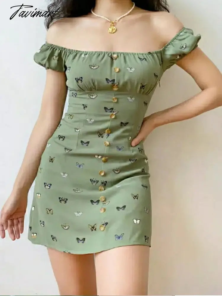 Women's summer floral print holiday women's off-shoulder mini dresses print waist Tight dress single-breasted dress party night